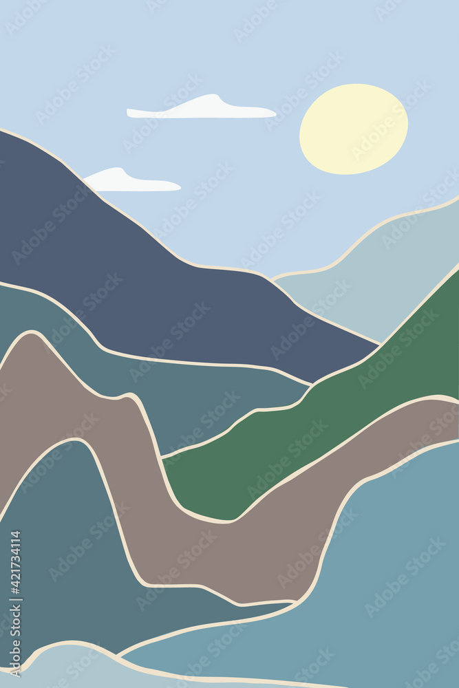 Minimalist landscape. Sunrise and sunset in the mountains. Abstract lines. Simple mosaic style. The concept of travel, leisure and tourism. Beautiful nature. Vector