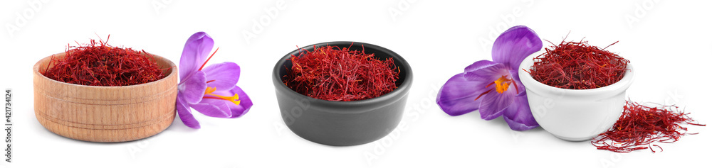 Fototapeta premium Set with dried saffron and crocus flowers on white background. Banner design