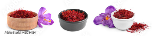 Obraz na plátne Set with dried saffron and crocus flowers on white background