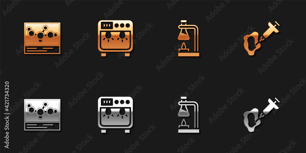 Set Chemical formula, Biosafety box, Test tube flask on fire and Syringe icon. Vector Set Chemical formula, Biosafety box, Test tube flask on fire and Syringe icon. Vector
