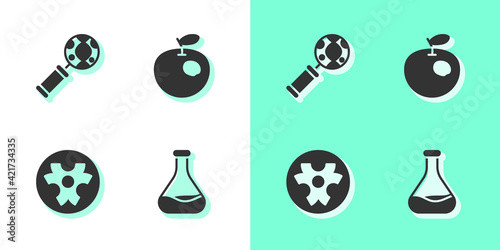 Set Test tube and flask, DNA research, search, Biohazard symbol and Genetically modified apple icon. Vector