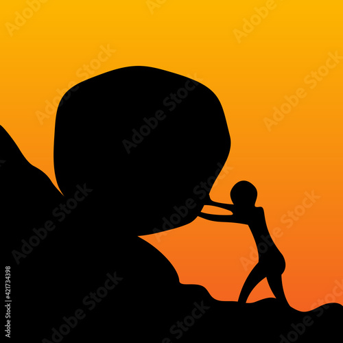 Silhouette of man push stone up to peak hill. Work hard and succeed concept.