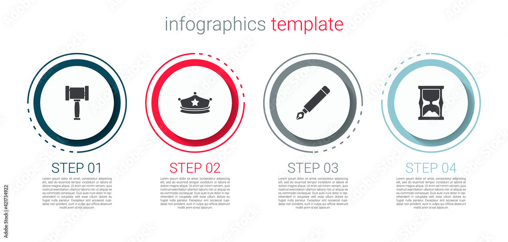 Set Judge gavel, Police cap with cockade, Fountain pen nib and Old hourglass. Business infographic template. Vector Set Judge gavel, Police cap with cockade, Fountain pen nib and Old hourglass. Business infographic template. Vector