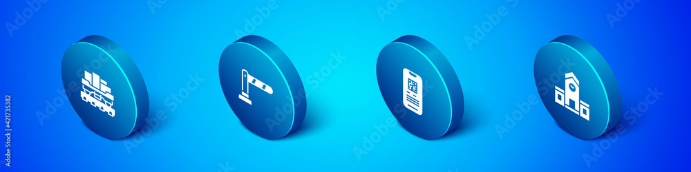 Set Isometric Cargo train wagon, E-ticket, Railway station and barrier icon. Vector Set Isometric Cargo train wagon, E-ticket, Railway station and barrier icon. Vector