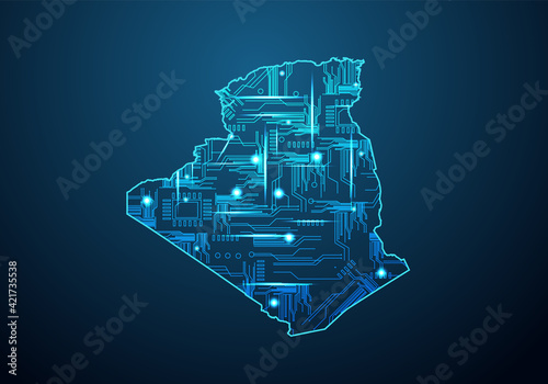 Abstract futuristic map of algeria.Circuit Board Design Electric of the region. Technology background. mash line and point scales on dark with map.