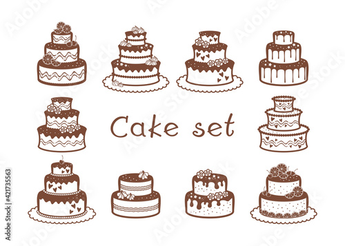 Set of wedding and birthday cakes with flowers, fruits and meringues on a white background. Vector decorative elements for bakery, cafe, sweet shop, pastry shop, confectionery, packaging and wrapper