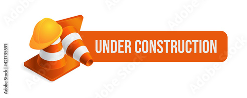 Vector illustration orange plastic traffic cone and construction helmet isolated on white background. Realistic orange road cone with hard hat icon in flat cartoon style. Under construction.