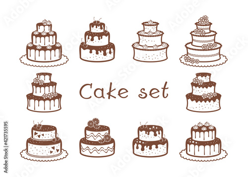 Set of birthday and wedding cakes with fruits, meringues, and flowers. Vector decorative element for bakery, cafe, sweet shop, pastry shop, confectionery, packaging, wrapper, menu, signboard and label