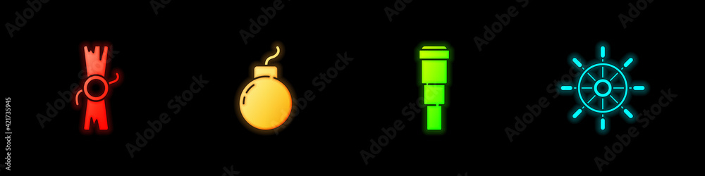 Set Decree, parchment, scroll, Bomb ready to explode, Spyglass telescope lens and Ship steering wheel icon. Vector Set Decree, parchment, scroll, Bomb ready to explode, Spyglass telescope lens and Ship steering wheel icon. Vector