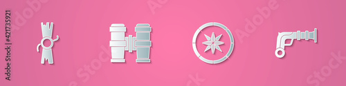 Set paper cut Decree, parchment, scroll, Binoculars, Compass and Vintage pistols icon. Paper art style. Vector