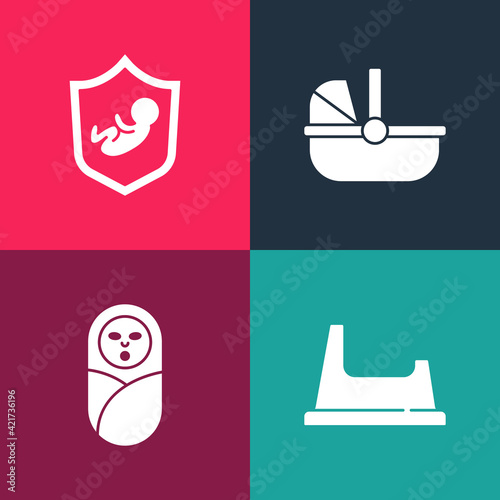 Set pop art Baby potty, Newborn baby infant swaddled, stroller and on shield icon. Vector