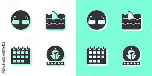 Set Cruise ship, Glasses, Calendar and Shark fin in ocean wave icon. Vector