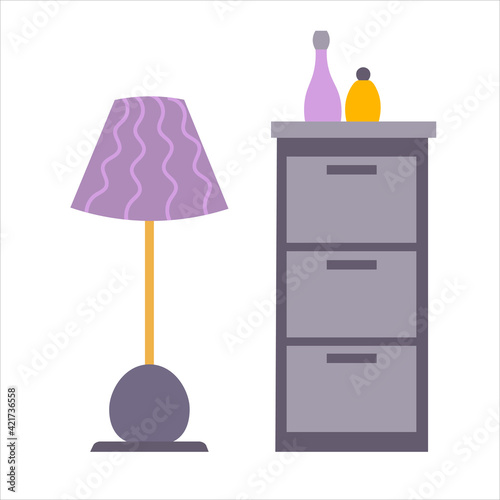 Nightstand or commode wit lamp in flat vector design isolated on white background. Pink and grey color For icon and design