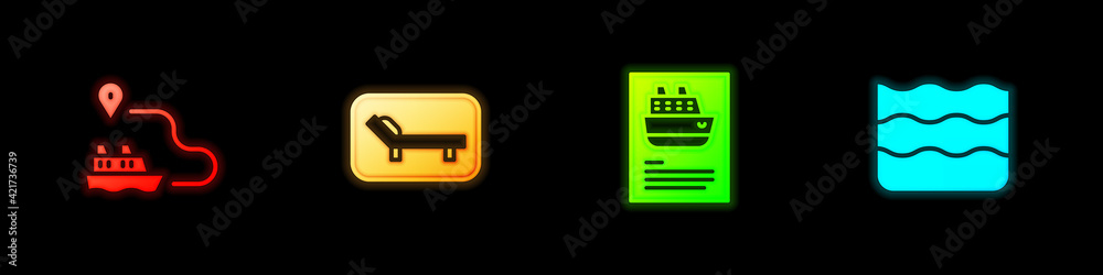 Set Ship line path, Sunbed and umbrella, Cruise ship and Wave icon. Vector Set Ship line path, Sunbed and umbrella, Cruise ship and Wave icon. Vector