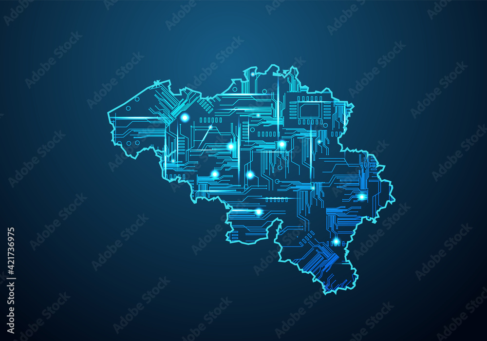 Abstract futuristic map of belgium.Circuit Board Design Electric of the region. Technology background. mash line and point scales on dark with map.