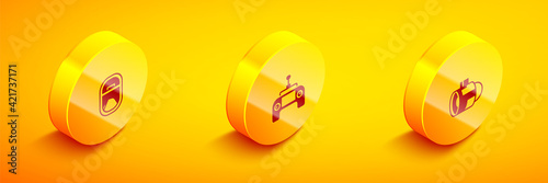 Set Isometric Airplane window, Drone remote control and Jet engine turbine icon. Vector