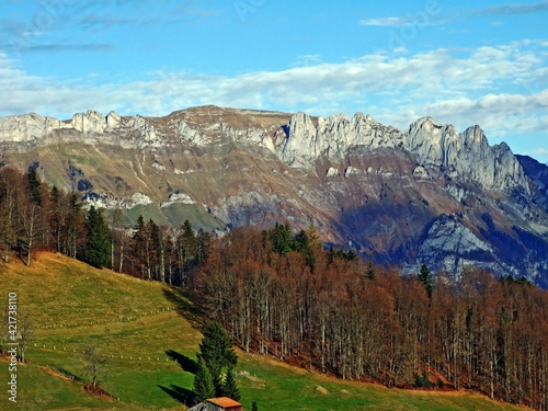 Rocky alpine peaks in the Alpstin mountain range and in the Appenzell massif, Sevelen - Canton of St. Gallen, Switzerland (Schweiz) photo