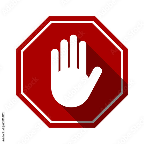 Red Stop Hand Block Octagon Sign or Adblock or Do Not Enter Icon with Shadow Effect. Vector Image.
