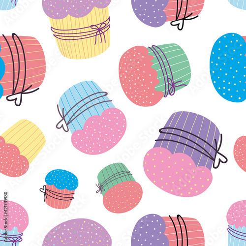 Cupcake seamless pattern. Easter cake pattern. Vector illustration in flat cartoon style. Design for Easter, textiles, wrapping paper
