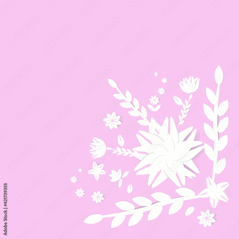 White paper flowers pattern background, wedding decoration, lace, greeting card template, blank floral wall decor on pink background