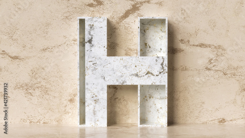Sculpted marble letter H in the shape of a shelving. Ideal to display all kinds of decorative products. 3D rendering.