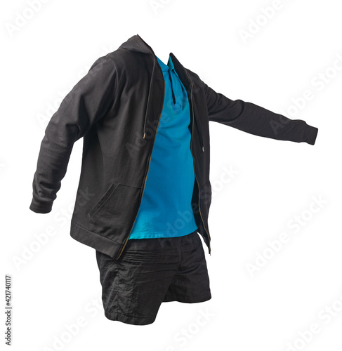 sweatshirt with iron zipper hoodie,  shirt and sports shorts isolated on white background. casual sportswear photo