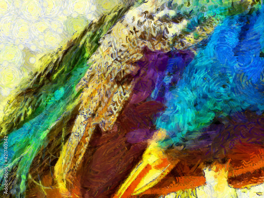 The body of the peacock. Illustrations creates an impressionist style of painting.