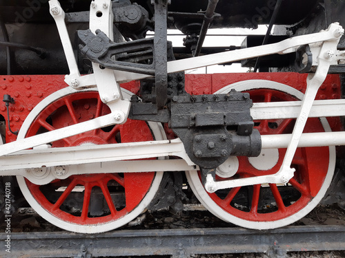 Steam locomotive wheels close up
