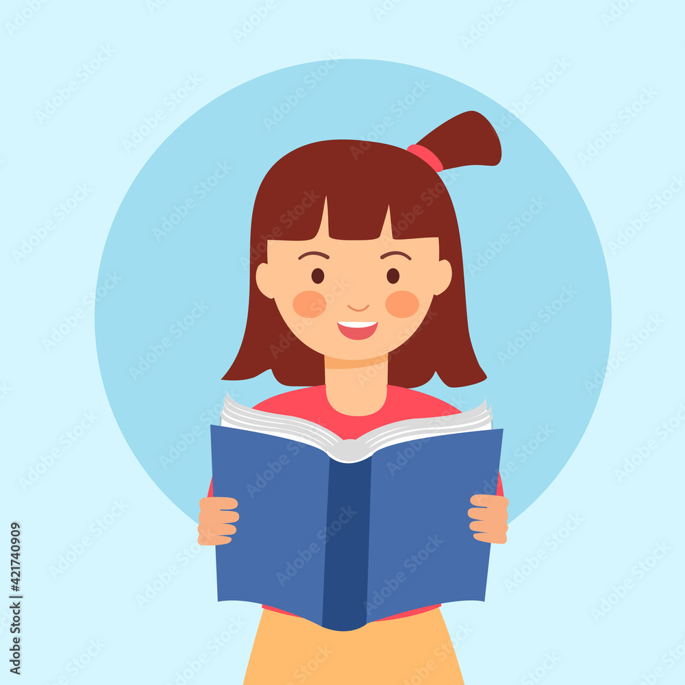 Girl kids enjoy reading book in flat design. Reading time concept vector illustration. I love reading. Knowledge and education. Girl kids enjoy reading book in flat design. Reading time concept vector illustration. I love reading. Knowledge and education.