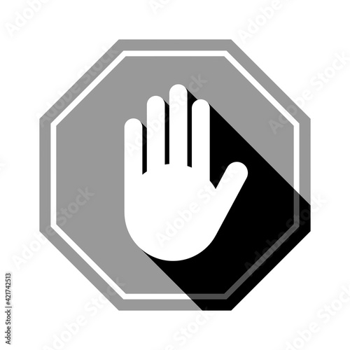 Monochrome Stop Hand Block Octagon Sign or Adblock or Do Not Enter Icon with Shadow Effect. Vector Image.