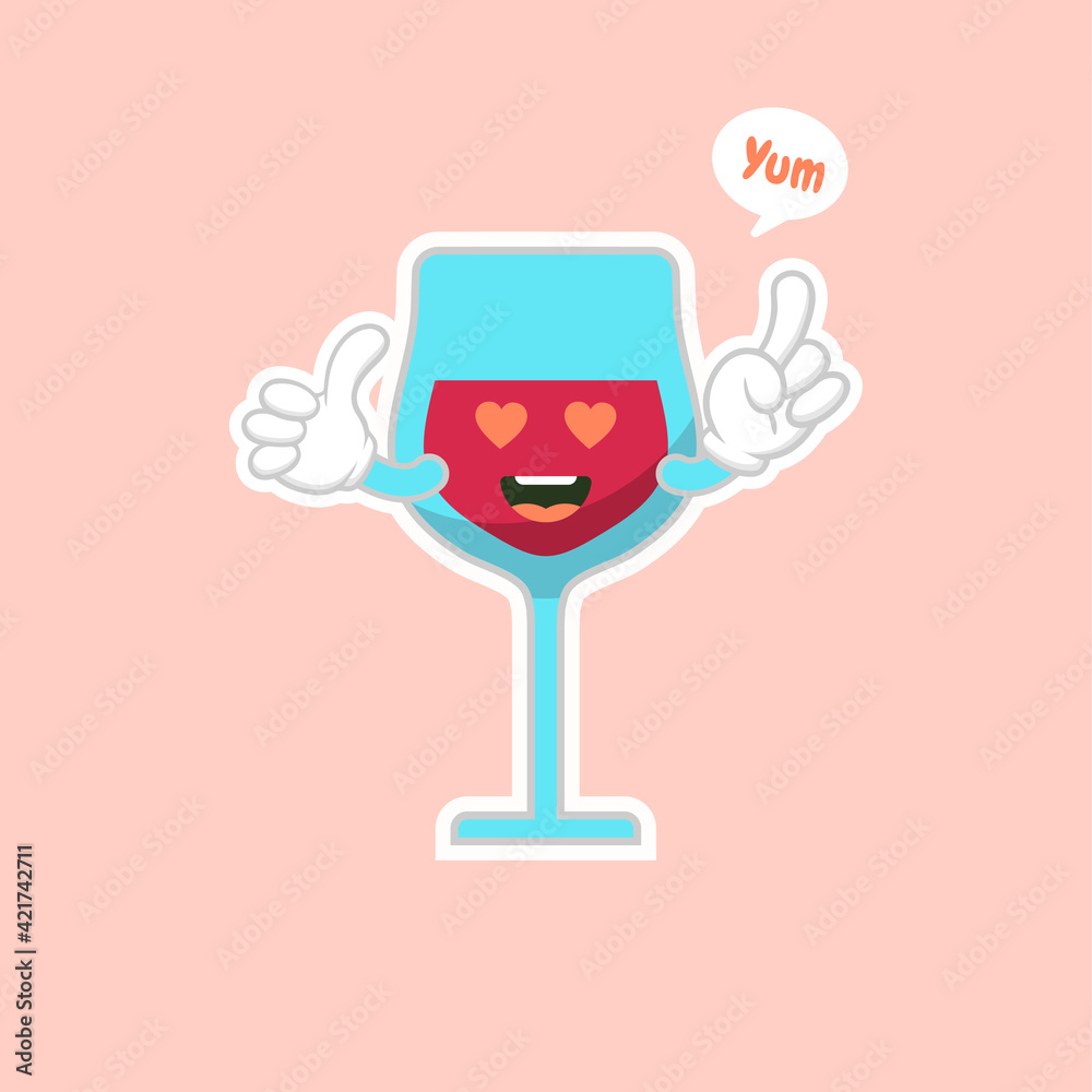 cute and kawaii glass of red wine, cartoon character design. Alcohol mascot. Transparent glass. Flat vector illustration isolated on color background cute and kawaii glass of red wine, cartoon character design. Alcohol mascot. Transparent glass. Flat vector illustration isolated on color background