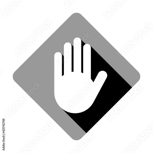 Monochrome Stop Hand Palm Block Diamond-Shaped Sign or Adblock or Do Not Enter Icon with Shadow Effect. Vector Image.