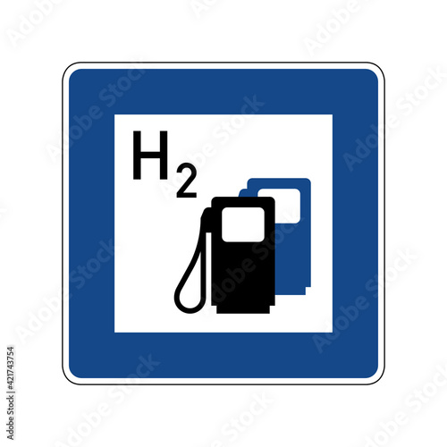 Hydrogen station road sign. Vector illustration with blue square traffic sign with hydrogen fueling pump icon inside. Filling station symbol used in Germany isolated on background. Ecological fuel.