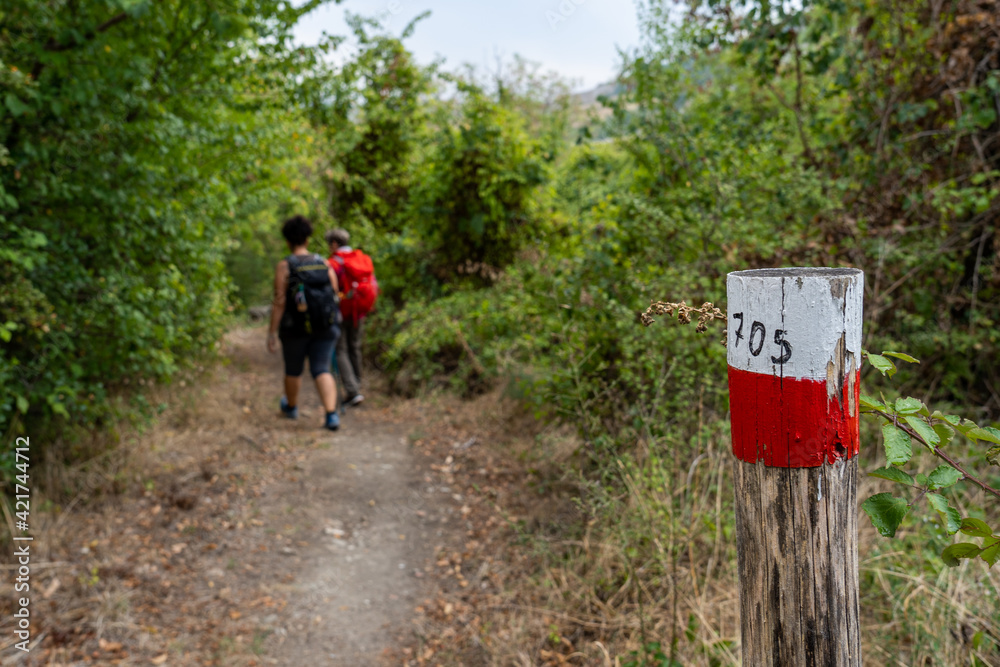 Obraz premium Two women hiking in the Parco regionale della vena del gesso romagnola. Brisighella, Borgo Rivola, Borgo Tossignano. Emilia Romagna, Italy, Europe.