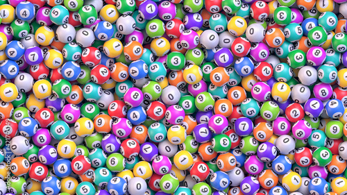 Pile of multicolored lottery balls. Lot of bingo balls with numbers. Realistic vector background