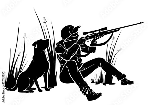 Hunter Sitting Position and Aiming with Rifle