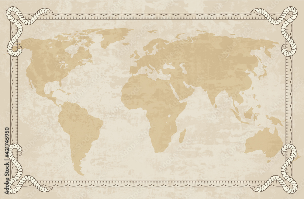Old world map with frame. Retro design banner. Decorative antique museum picture. Element for marine theme and heraldry. Vector paper texture