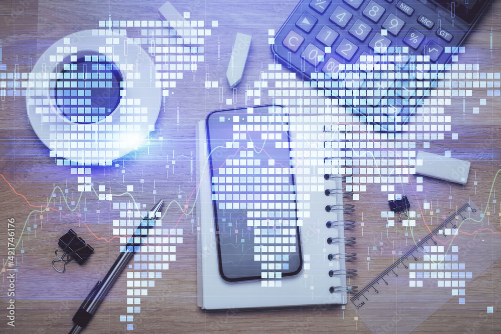 Double exposure of business theme hologram over desktop with phone. Top view. Mobile international trade connection concept. Double exposure of business theme hologram over desktop with phone. Top view. Mobile international trade connection concept.