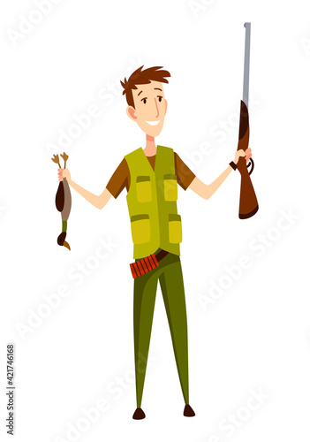 Hunter character with rifle and duck. Man with a gun in camouflage in cartoon style. Human with weapons on hunting