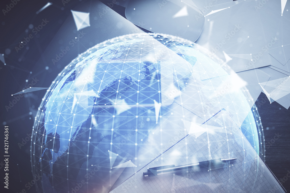 Double exposure of business theme hologram over desktop with phone. Top view. Mobile international trade connection concept. Double exposure of business theme hologram over desktop with phone. Top view. Mobile international trade connection concept.