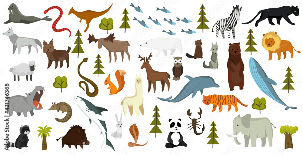 Collection of cute vector animals. Hand drawn animals which are common in America, Europe, Asia, Africa. Icon set isolated on a white background