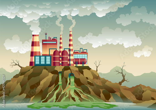 Plant with pipes from which smoke comes out. Trash emission to river water. Landscape with ecological disaster. Nature ecology elements and ecology problem concept in flat style