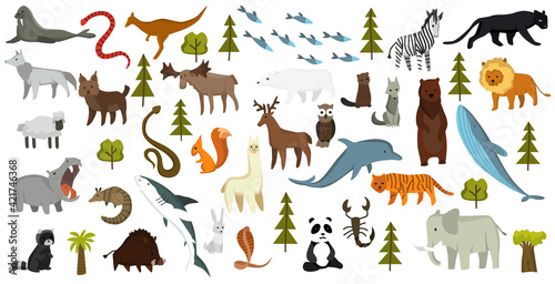 Collection of cute vector animals. Hand drawn animals which are common in America  Europe  Asia  Africa. Icon set isolated on a white background