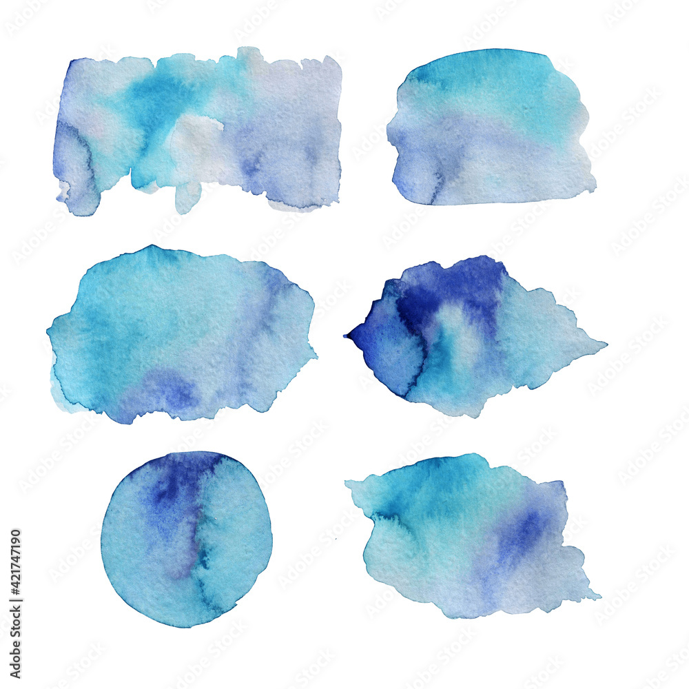 Set of watercolor abstract violet blue spots isolated on white background. Collection of blots on paper. Paint strokes.