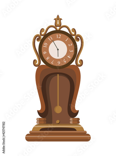 Antique clock. Traditional floor or table standing pendulum clock with wood carved decoration. Beautiful vintage object in cartoon style. Vector old watch isolated icon in flat design
