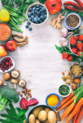 Healthy food selection with fruits, vegetables, seeds, superfood and cereals