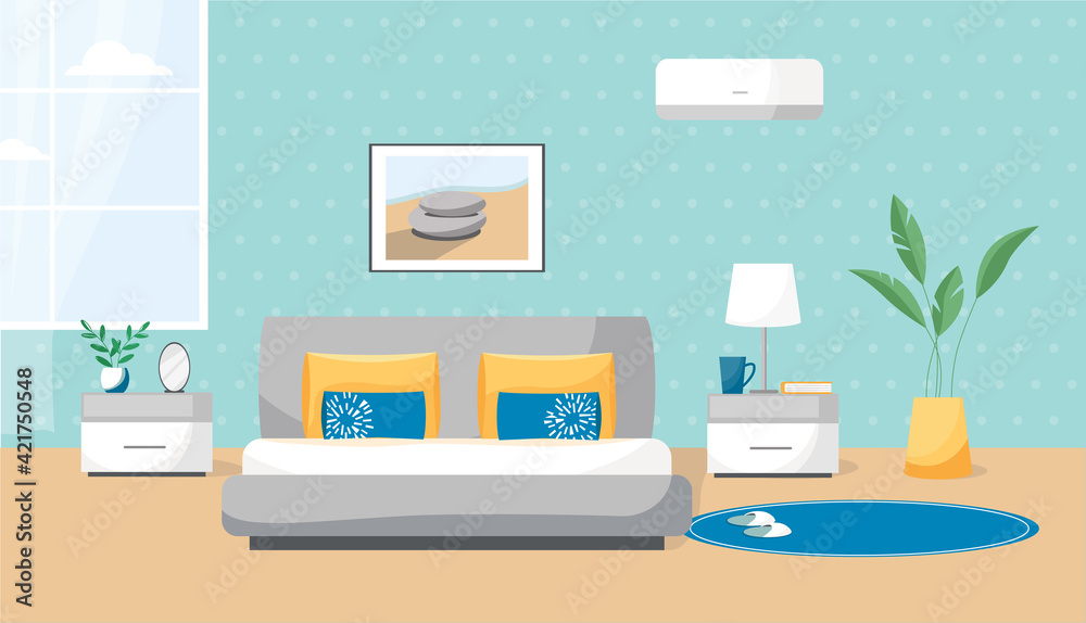 Vector illustration of a bedroom. The interior is painted in flat style. Cozy room with a comfortable bed, modern bedside tables Vector illustration of a bedroom. The interior is painted in flat style. Cozy room with a comfortable bed, modern bedside tables