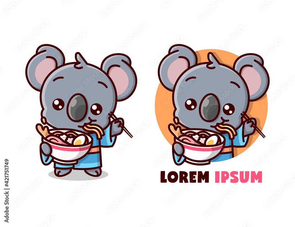 Naklejka premium CUTE KOALA WEARING YUKATA AND EATING A BIG BOWL OF RAMEN NOODLE. CARTOON MASCOT. 