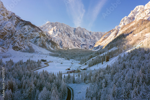 Aerial view of Ski Jump in Planica, Slovenia at Ratece near Kranjska gora in winter with snow. © 24K-Production