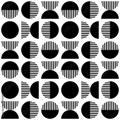 Modern vector abstract seamless geometric pattern with semicircles, circles and lines in retro scandinavian style
